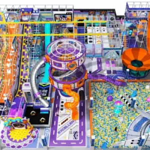 cyberpunk indoor playground attraction layout with neon lighting, climbing structures and interactive zones for family entertainment centers.