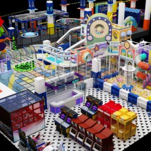 Custom indoor playground project design with themed play structures used for planning a commercial family play space.