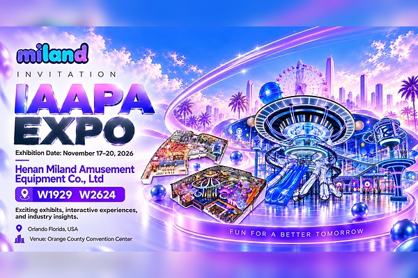 Приглашение Miland на IAAPA Expo 2026 с указанием дат выставки, номеров стендов W1929 и W2624 и места проведения в Орландо, США