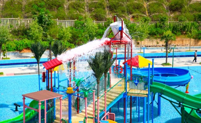 resort pool deck and water play